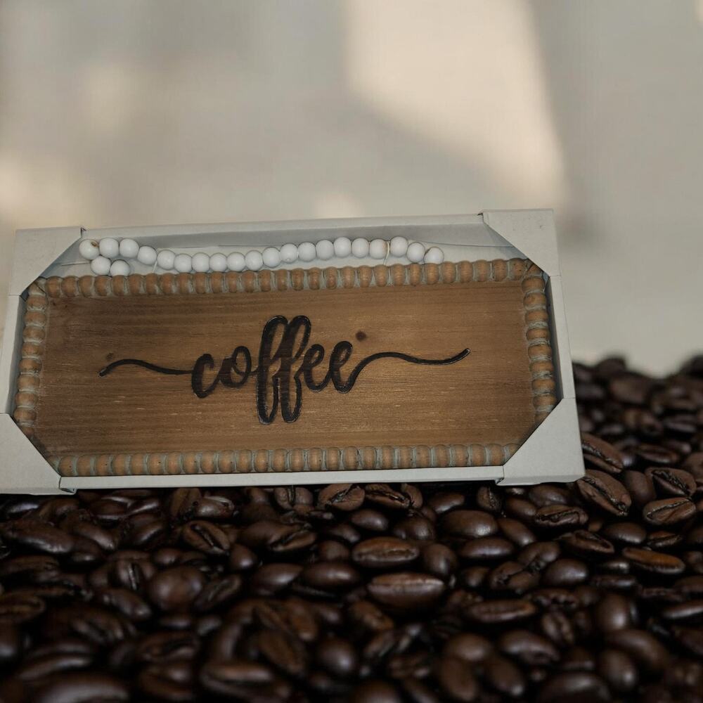 Wood Coffee Bar Sign White Beaded Border Farmhouse Wall Decor 14.5 Inches NIB